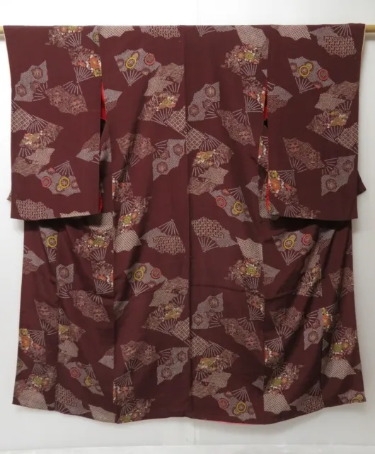 0603T01z590 Vintage Japanese Kimono Silk KOMON Brown Folding fan