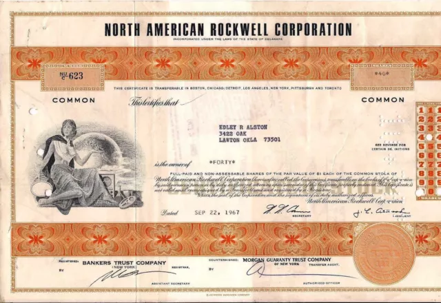North American Rockwell Corporation stock certificate (Boeing) 1967