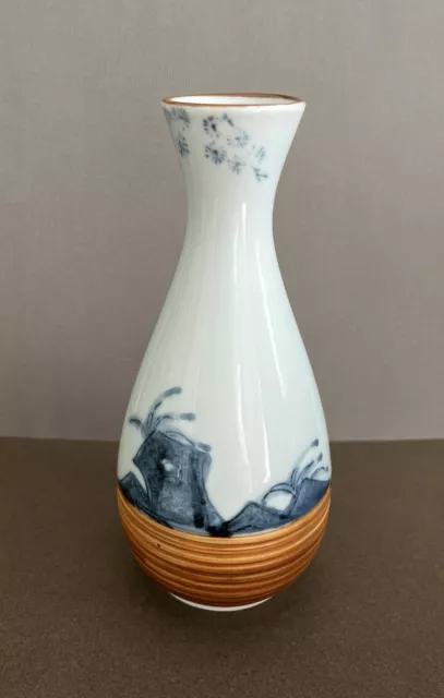 Hand Painted Ceramic Sake Decanter Blue/Brown Crane Mountains Vase
