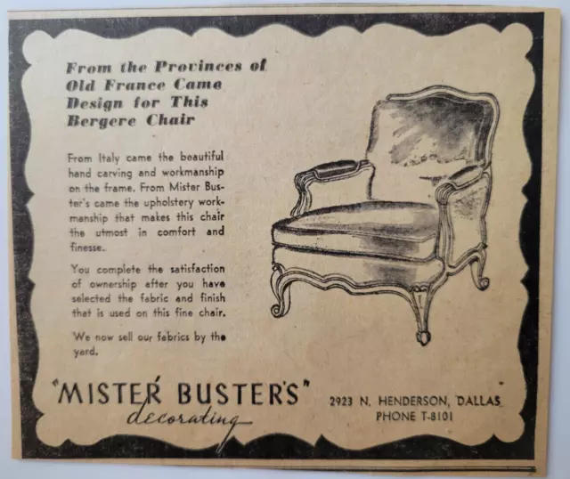 Mister Buster's Decorating Bergere Chair 1946 Dallas TX Ad ~5x6"