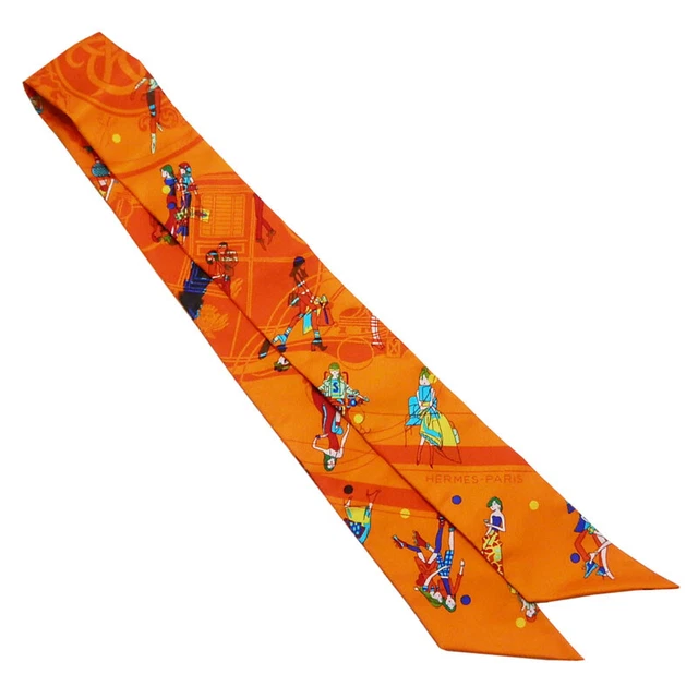 HERMES Scarf Twilly Ex Libris Parisienne Orange/Turquoise/Jaune Second Hand Corr