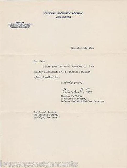 Charles Taft Federal Security Agency Autograph Signed WWII Era Letter 1941
