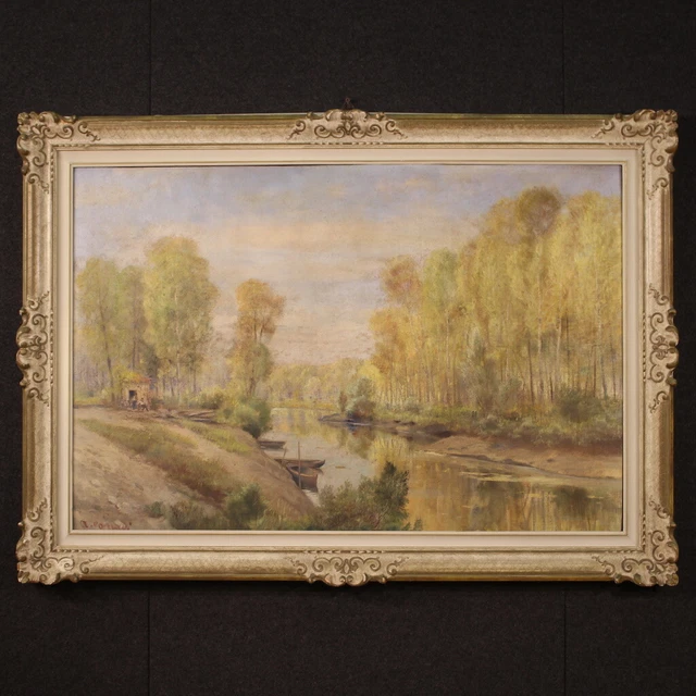 Paisaje firmado Corradi, pintura italiana, óleo sobre masonita, años 50