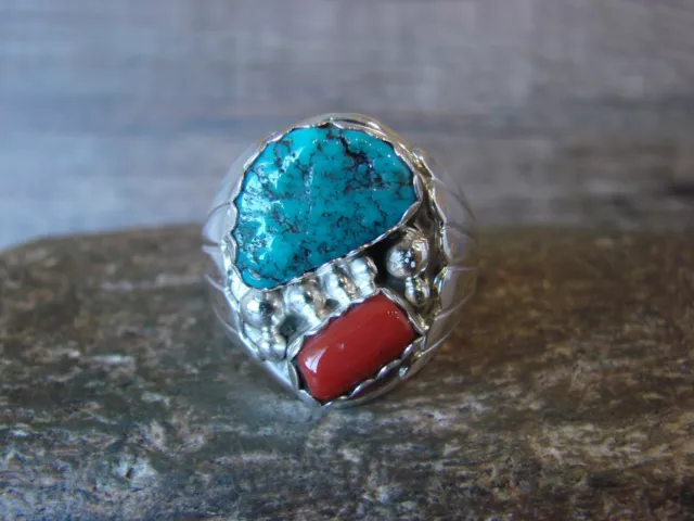 Navajo Sterling Silver Turquoise & Coral Ring Signed Spencer - Size 12