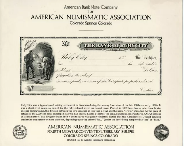 ABNC Souvenir Card ANA Conv. 1982 Colorado Springs 1880s COD Bank of Ruby City