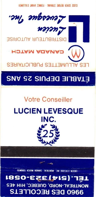Lucien Levesque Inc., Advertising Matches Canada Match Vintage Matchbook Cover