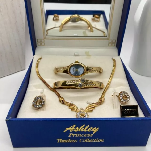 Ashley Princess Box Set Earring Necklace Bracelet Watch Gold Tone Rhinestone
