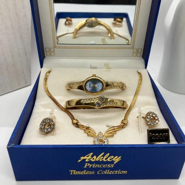 Ashley Princess Box Set Earring Necklace Bracelet Watch Gold Tone Rhinestone