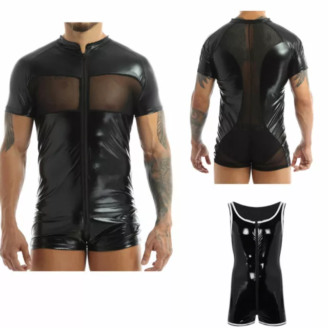 Men's Wetlook Leather Zipper Bodysuit Jumpsuit Singlet Lingerie Latex Underwear