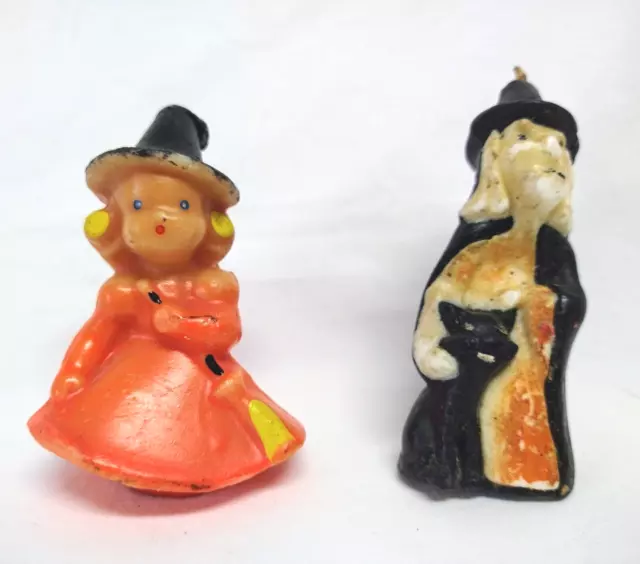 2 Vintage 1950's GURLEY Halloween Candles, Witch W Black Cat & Girl Witch, MCM