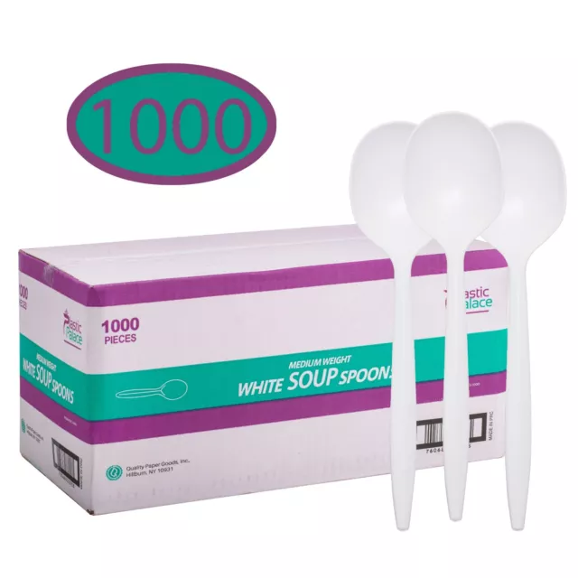 Disposable Plastic Spoons, Medium Weight & White Soup Spoons (1000 Pack)