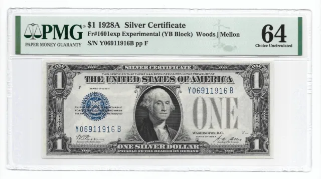 1928A $1 EXPERIMENTAL Silver Certificate. PMG Choice Uncirculated 64. Y/B Block
