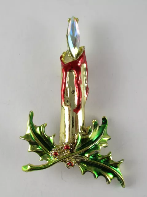 Signed? Goldtone Christmas Candle Pin Brooch With Enamel & Rhinestone (40)