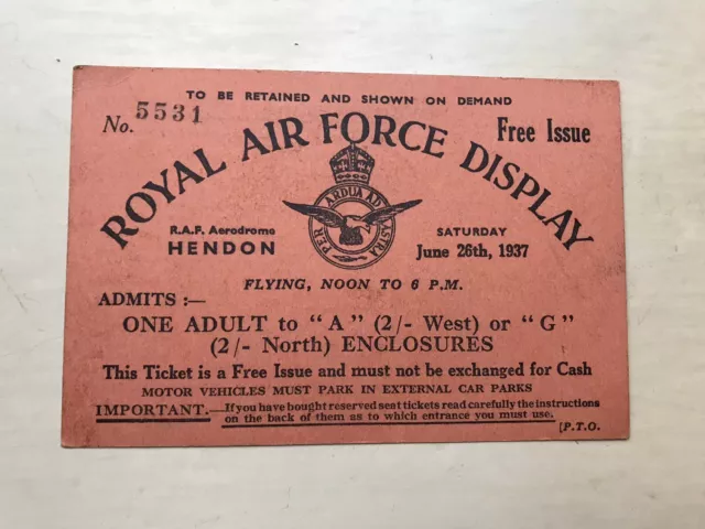 Hendon Royal Airforce 1937 Air Display Entry Ticket