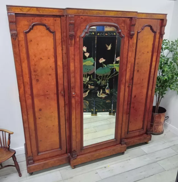 ANTIQUE MIRRORED WARDROBE Walnut Mahogany Triple Compactum Victorian £