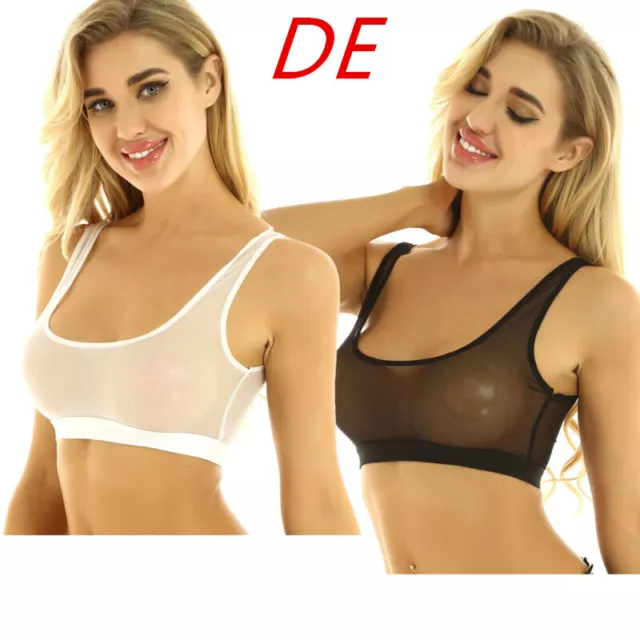 DE Damen Sexy Sports Crop Top Erotisch Nachtwäsche Transparent Netz BH Badeanzug