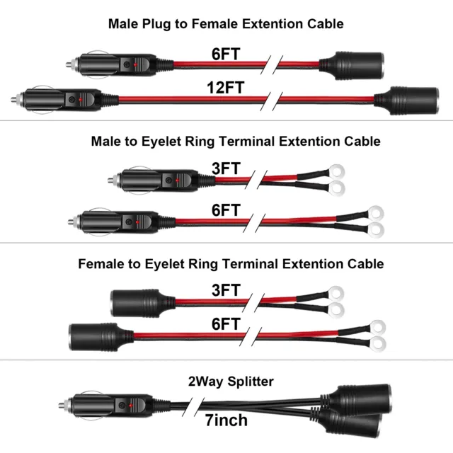 12V Extension Cord Car Cigarette Lighter Socket Plug Heavy Duty Adapter Outlet 2