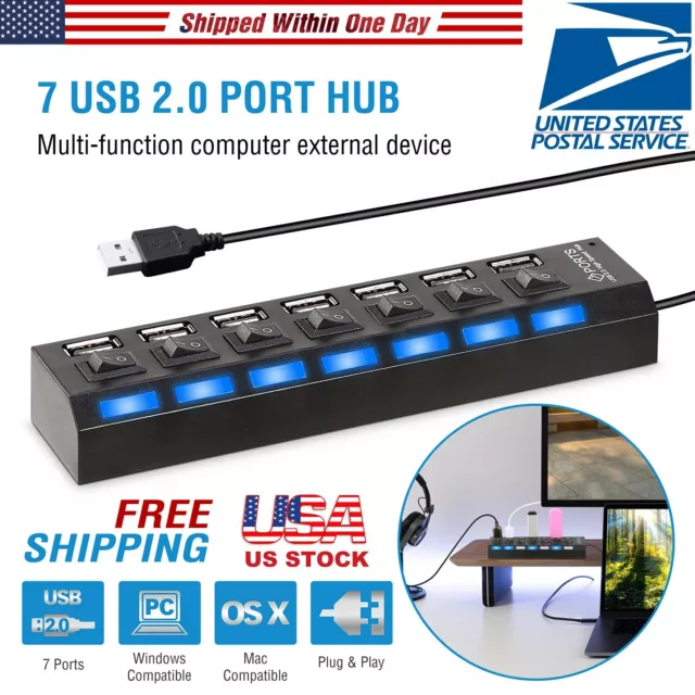 7-Port USB 2.0 Multi Charger Hub +High Speed Adapter ON/OFF Switch Laptop/PC