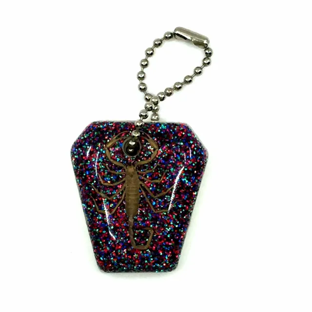 Vintage Scorpion Hexagon Keychain with Multicolor Glitter New Old Stock USA