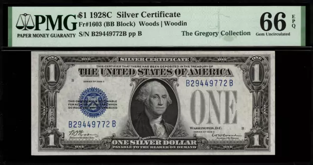 1928C $1 Silver Certificate FR-1603 B-B Block - Graded PMG 66 EPQ - GEM Unc.