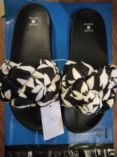 Women's Size 10 Shade Shore Off-white And Black Slide On Sandals