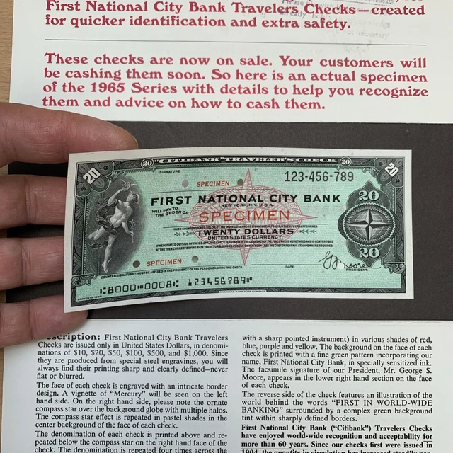 $20 FIRST NATIONAL City Bank specimen 1965 Travelers Check £7.85