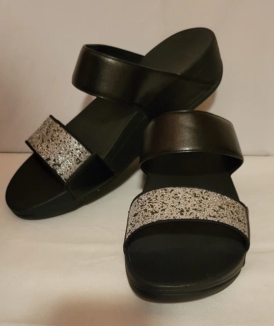 Fitflop Womens Lulu SHIMMER Silver And Black Slide Sandals Shoes Size 8.5