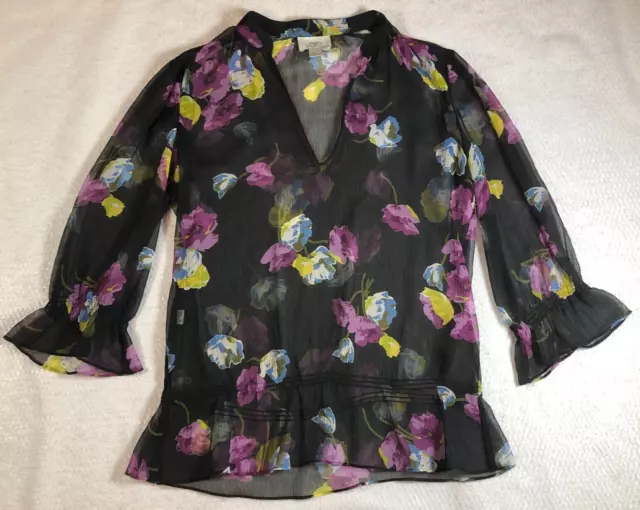 Ann Taylor LOFT Womens Sheer Blouse Size S Black Floral V-Neck Bell Sleeve NWOT