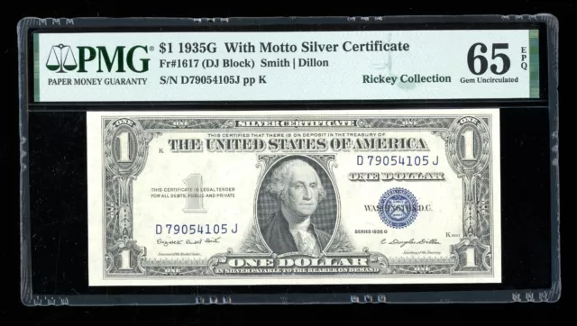 DBR $1 1935-G with MOTTO Gem Silver Fr. 1617 PMG 65 EPQ Serial D79054105J