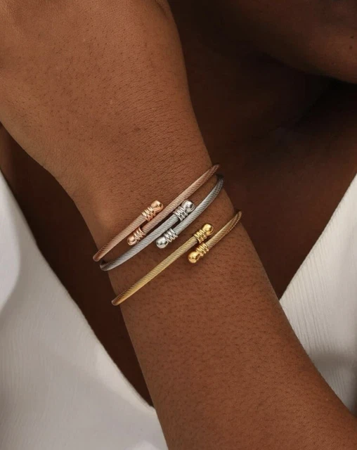 Lot De 2 Bracelets Jonc Femme En Acier Inoxydable Et Titane - Avec Zircon - Neuf Sans Emballage