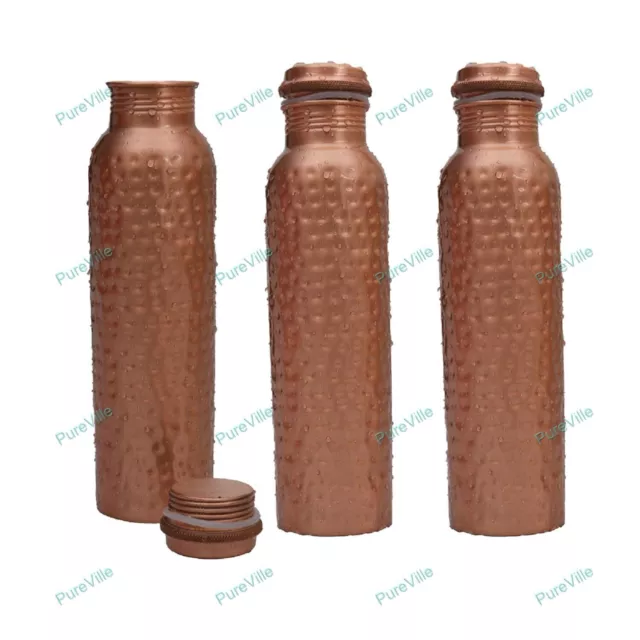 3 Pcs Copper Water Bottle Hammered India Ayurveda Yoga Health Benefit Joint Free