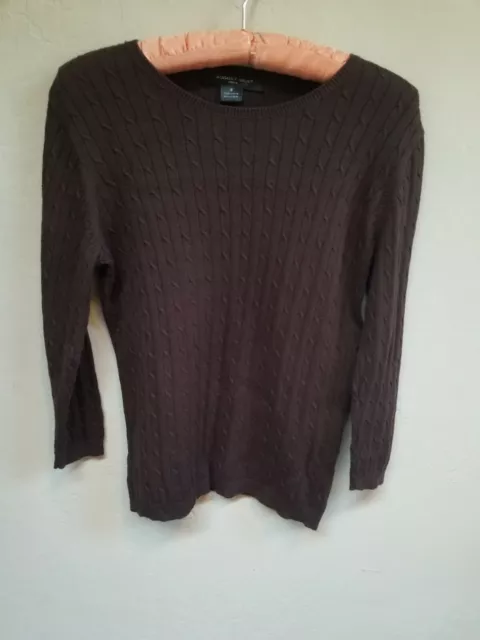 August Silk Womens Small Brown Crew Neck 3/4 Sleeve Cable Knit Pullover Sweater