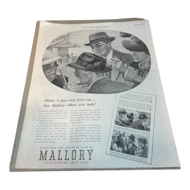 Vintage 1939 Mallory Hat Fifth Avenue New York Print Ad 10.5” X 13.5” C .05