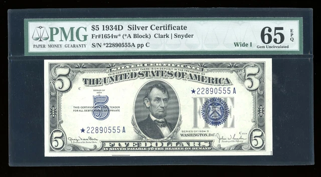 DBR 1934-D $5 Silver Gem STAR Fr. 1654Wi* Wide I PMG 65 EPQ Serial *22890555A