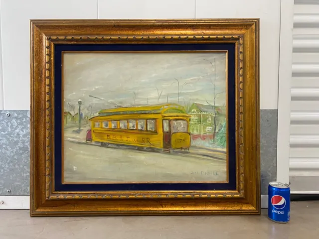 🔥 Vintage Old American Regionalism New England Connecticut Trolley Oil Painting 2