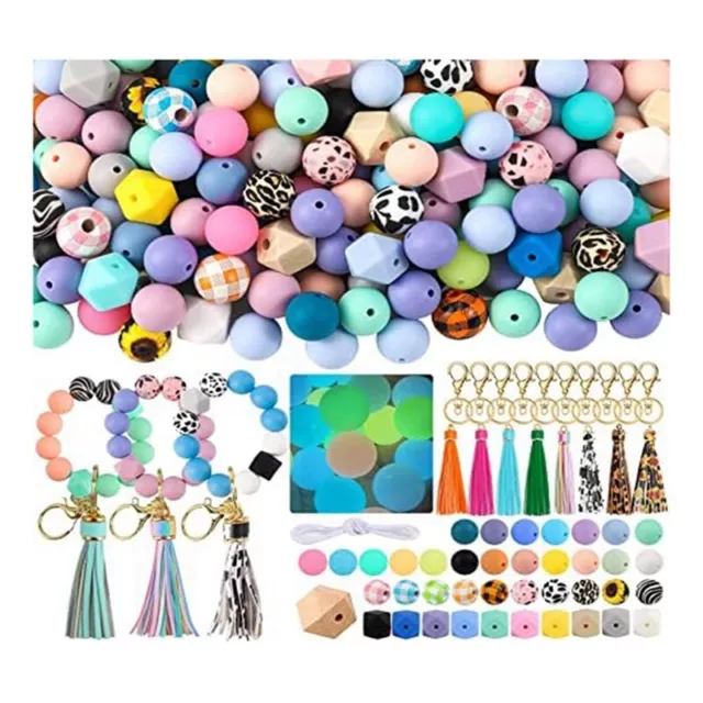 221Pcs 15Mm Bulk Silicone Rubber Keychain Beads with Tassels and Key Chain7793