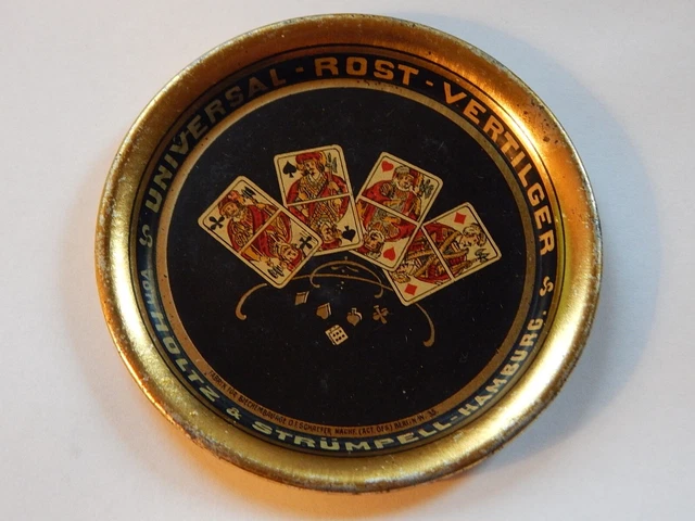4 antike Blechteller um 1900 Rost Vertilger mit Spielkarten signiert