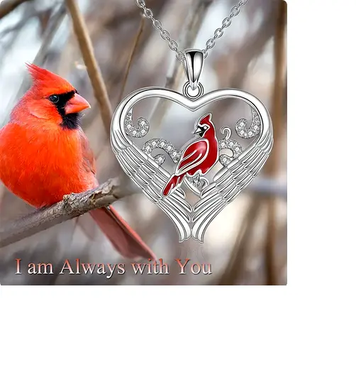 RED CARDINAL BIRD MEMORIAL HEART WING Pendant 22" 925 Sterling Silver Necklace