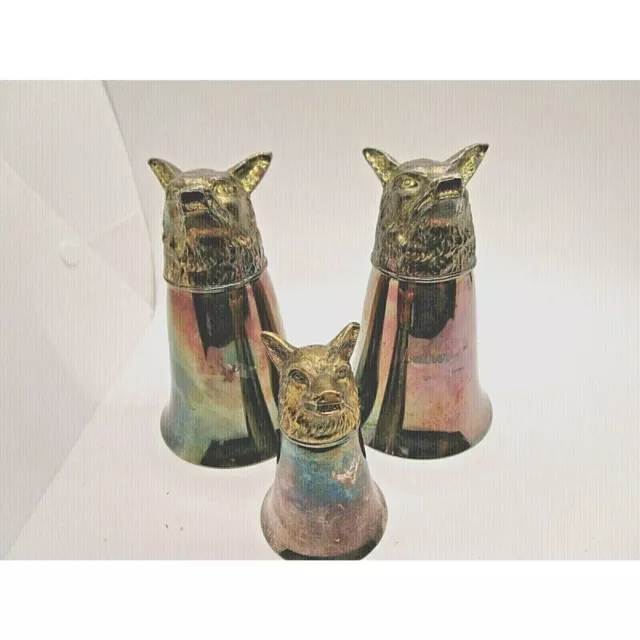 Vintage Silver Plated Wolf Head Stirrup Cups- Father  Mother and Jigger