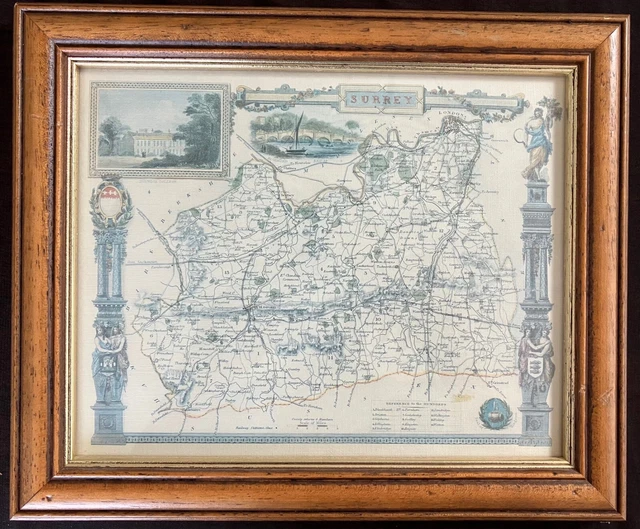 ANTIQUE DECORATIVE MAP OF SURREY ENGLAND  19th CENTURY THOMAS MOULE