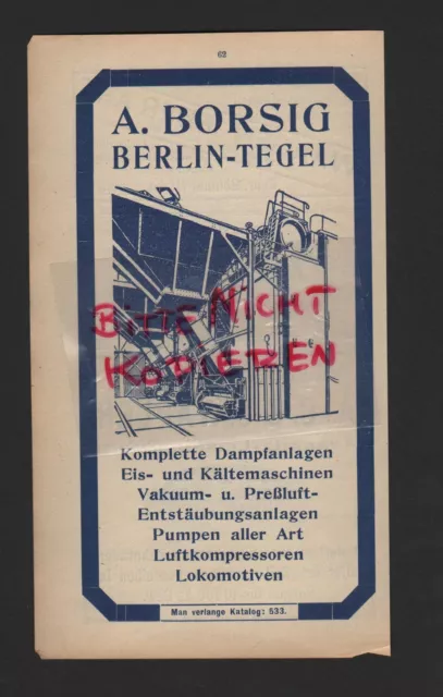 BERLIN-TEGEL, pubblicità 1915, A. Borsig impianti a vapore refrigeratori per ghiaccio pompe