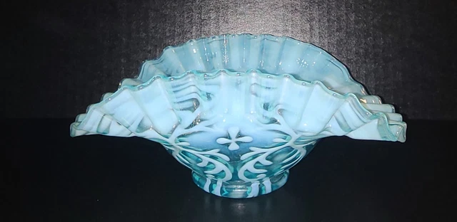 Vintage Blue Opalescent Northwood Spanish Lace Opaline Ruffled Edges Bowl