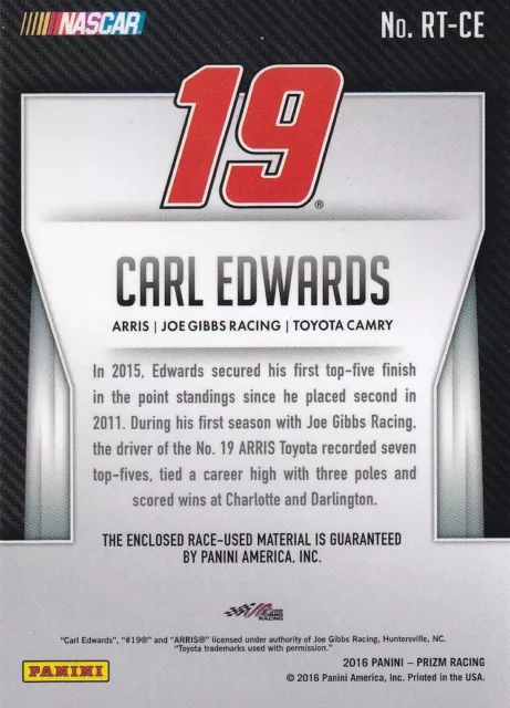 Panini 2016 Prizm Nascar Carl Edwards #Rt-Ce Race Gebrauchtreifen Team Set Reliktkarte 2