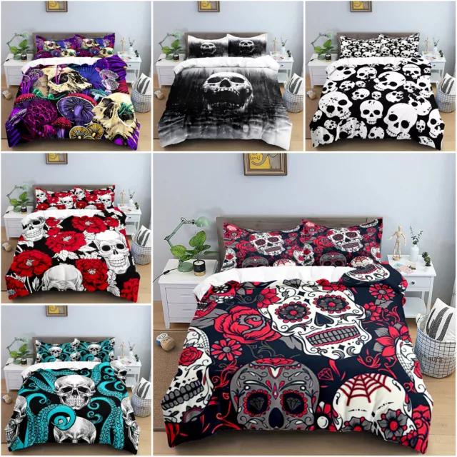 3D Duvet Cover Set Skull Print Bedding Quilt Pillowcase Single Double Queen King