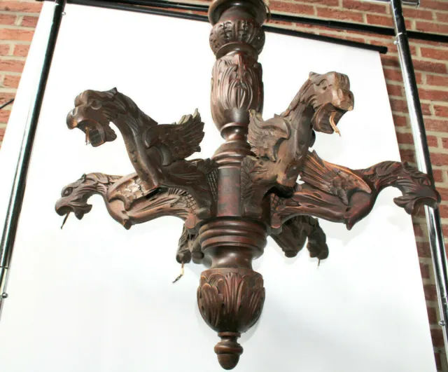 Antique French wood carved castle gothic Dragon arms chandelier lamp
