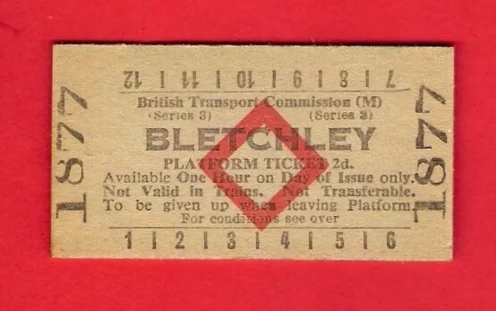 British Railways Platform Ticket ~ BTC(M) Bletchley 2d - Red Diamond - c.1970s