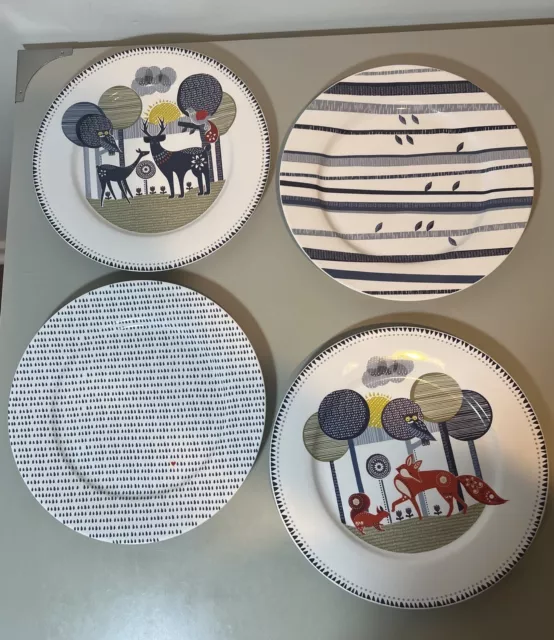 Folklore Wild & Wolf Plate Set of 4 Ceramic 9” Fox Squirrel Owl Deer Day Night