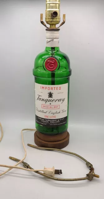 Vintage Bottle TABLE LAMP Tanqueray Gin Special Dry Liquor Bar Decor Wood Base
