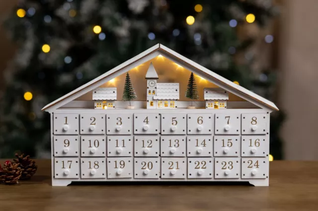 Christmas Advent Calendar Decoration Wood Village LED Countdown 24 Drawers Xmas