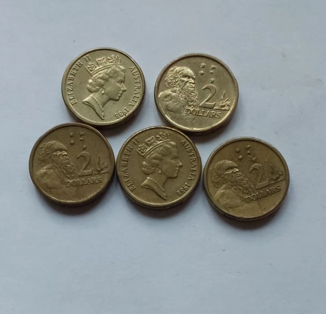 Five Aussie Elizabeth 11 Two Dollar 1988 Coins